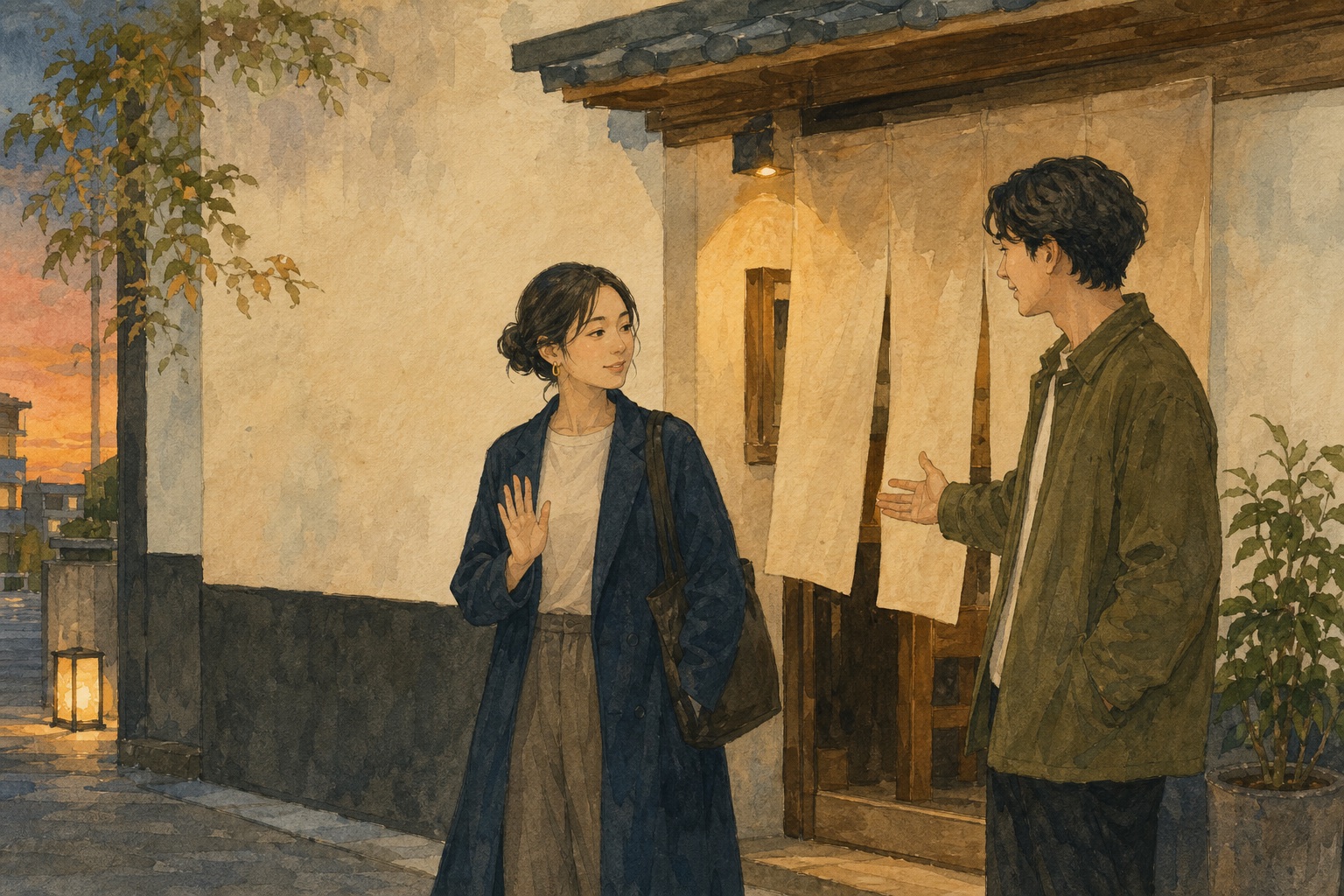One friend responding hesitantly to an invitation outside a restaurant at dusk